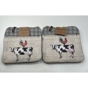 NWT For A Well Dressed Kitchen Pocket Oven Mitt 8”x8” Gray Cow Rooster